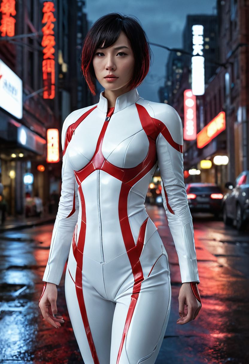 Heartline, an original hero in a white and scarlet suit with a glowing pulse line, in a rainy city street